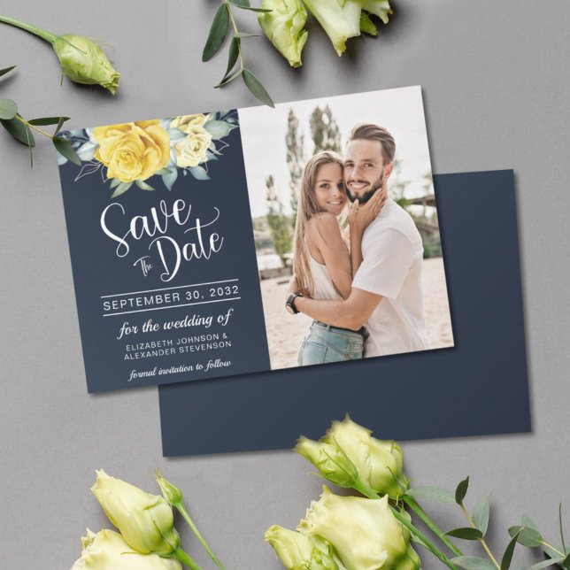 Save The Date Jaune floral classe marine bleu photo mariage (Créateur téléchargé)
