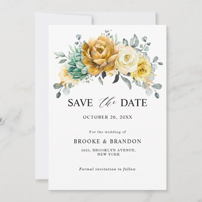 Save The Date Jaune Moutarde Floral Sauge Verdure Mariage Modern (Devant)