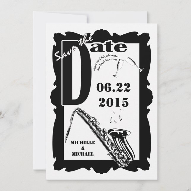 Save The Date Jazz Style Rétro Enregistrez la Date Noir Blanc 2 (Devant)