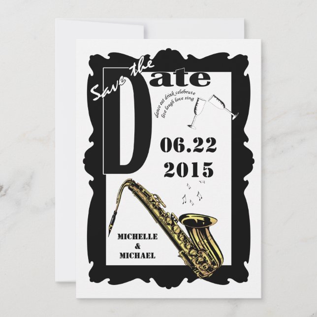 Save The Date Jazz Style Rétro Sauvegarder la Date Noir et Blanc (Devant)