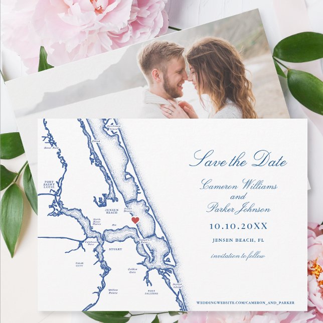 Save The Date Jensen Beach FL Map Elegant Mariage bleu marine (Jensen Beach FL Map wedding Save the Date for an elegant navy blue Mansion wedding )