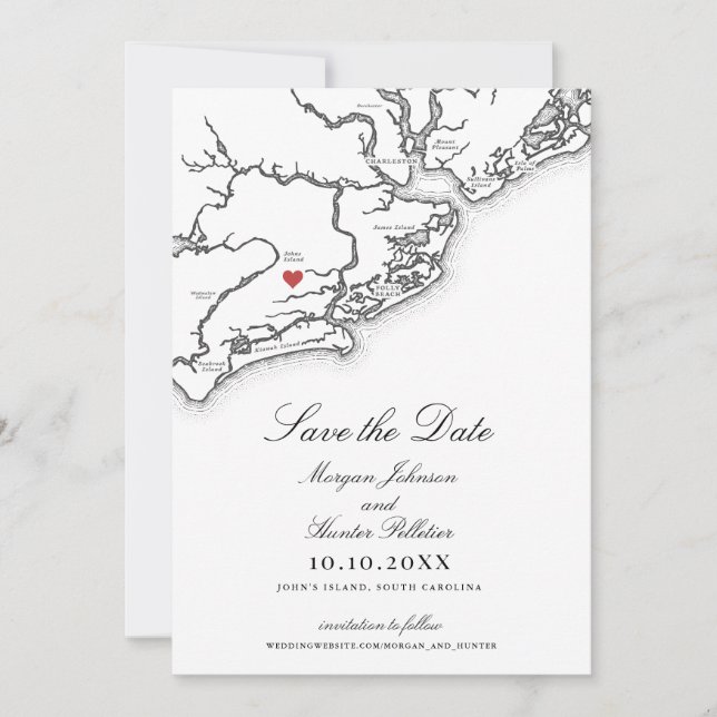 Save The Date Johns Island SC Map Elegant Black White Wedding (Devant)