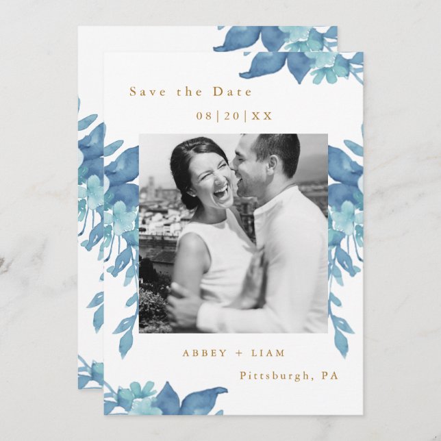 Save The Date Joli bleu Floral et Mariage photo Foliage (Devant / Derrière)