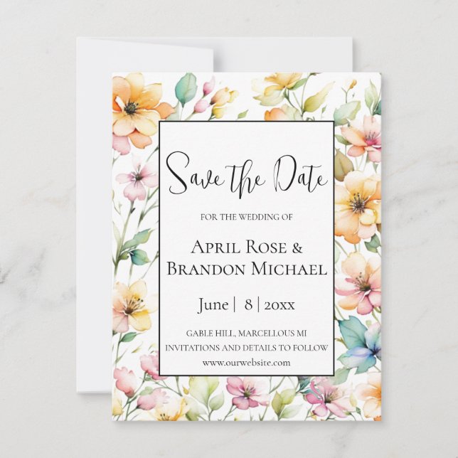 Save The Date Joli Boho Orange rose Aquarelle Fleurs sauvages (Devant)