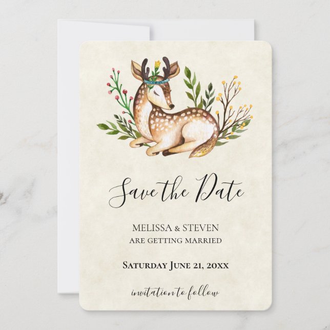 Save The Date Joli Cerf Aquarellé Posé (Devant)