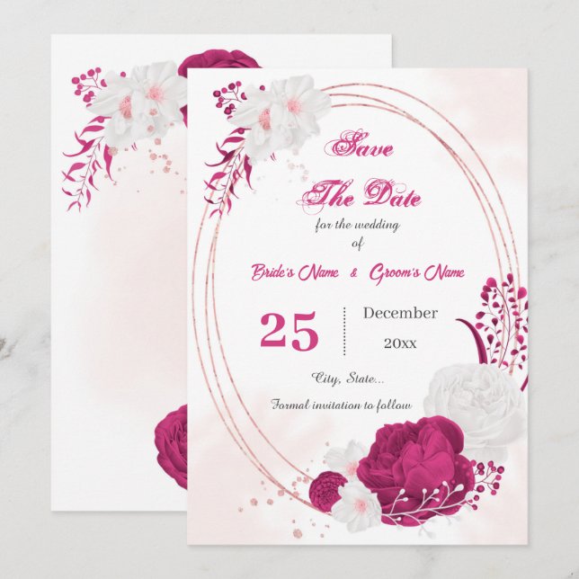 Save The Date joli fuchsia & blanc floral géométrique (Devant / Derrière)