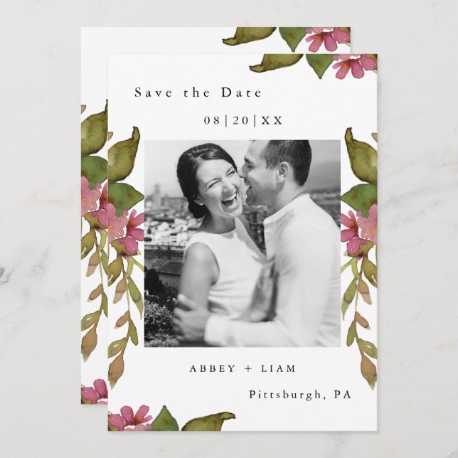Save The Date Joli Mariage de photos florales et vertes (Devant / Derrière)