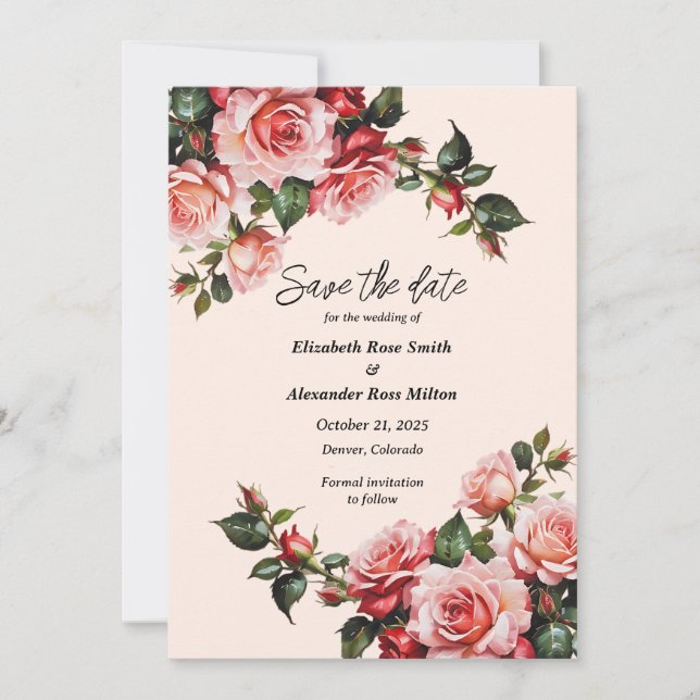 Save The Date Joli rose et rouge roses mariage vert (Devant)