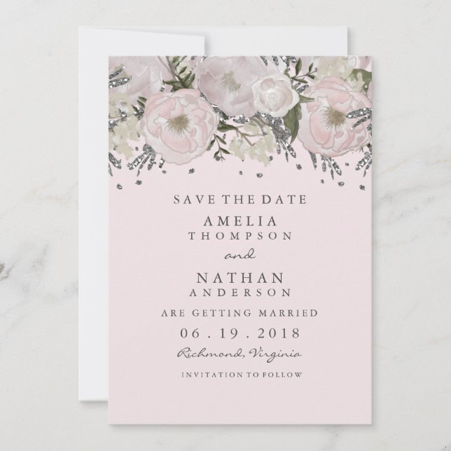 Save The Date Joli Rose Pink Silver Floral Enregistrer La Date (Devant)