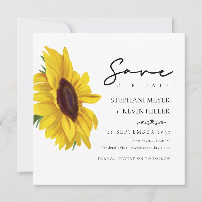 Save The Date Joli tournesol Élégant Mariage Script (Devant)