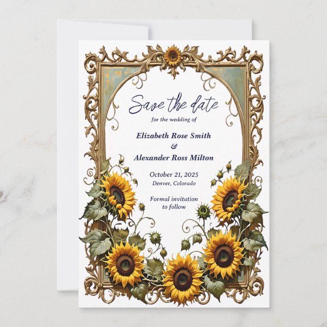 Save The Date Joli tournesol jaune avec cadre mariage art (Devant)