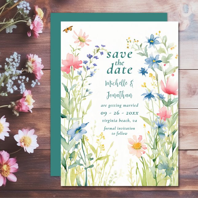 Save The Date Jolie aquarelle Fleur sauvage Mariage de jardin (Pretty Watercolor Wildflowers Garden Wedding Save The Date)