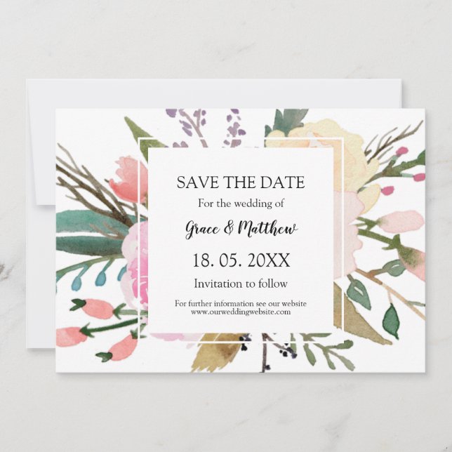 Save The Date Jolie aquarelle fleurie Mariage Enregistrer la dat (Devant)