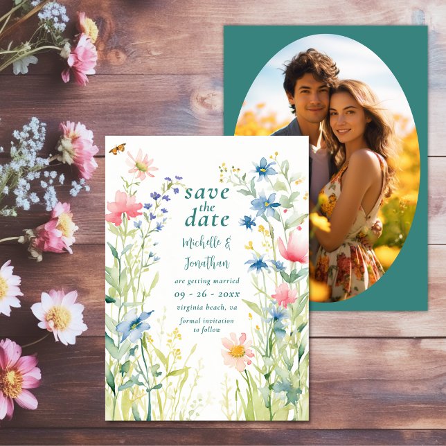 Save The Date Jolie aquarelle Fleurs sauvages Jardin Mariage pho (Pretty Watercolor Wildflowers Garden Photo Wedding Save The Date)