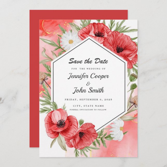 Save The Date Jolie Aquarelle Rouge Mariage Floral (Devant / Derrière)