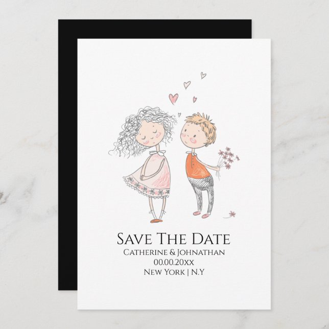 Save The Date Jolie fille garçon dessin amoureux plaisir décontr (Devant / Derrière)