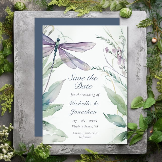 Save The Date Jolie libellule d'aquarelle et Mariage de verdure (Pretty Watercolor Dragonfly and Greenery Wedding Save The Date)
