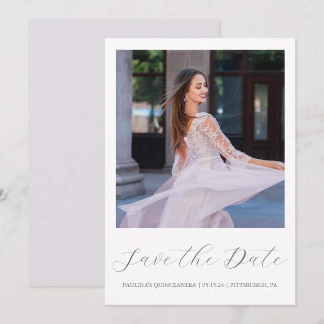 Save The Date Jolie Quinceanera violette Simple Calligraphie Pho (Devant / Derrière)