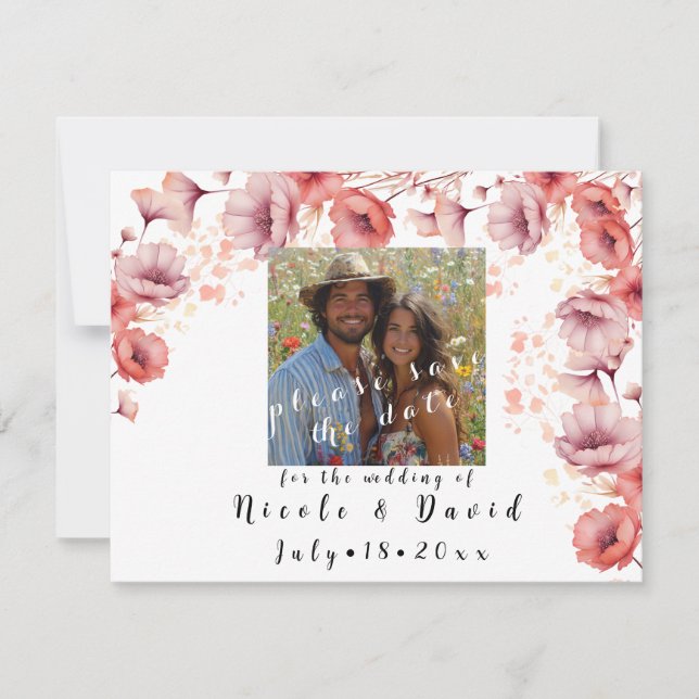 Save The Date Jolie rose, Peach Fuzz, mariage aquarelle (Devant)