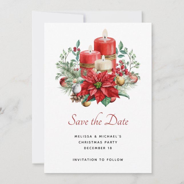 Save The Date Jolies bougies et bouquet Poinsettia Noël (Devant)