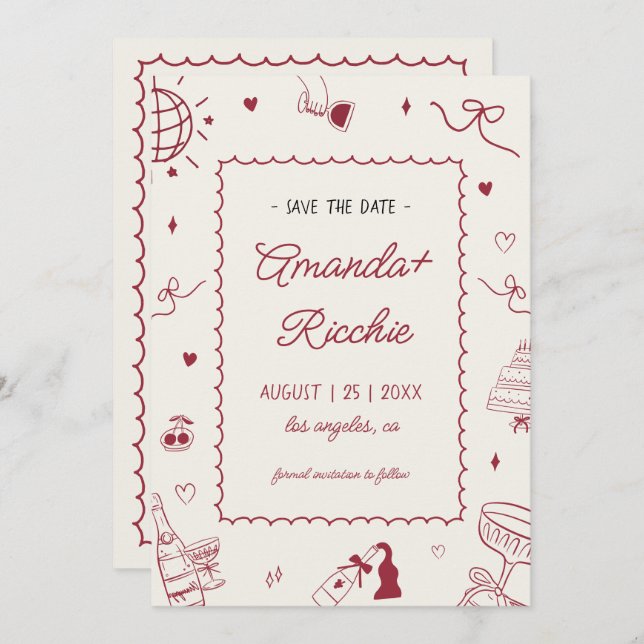 Save The Date Jouer Retro Main tiré Whimsical Doodle Mariage (Devant / Derrière)