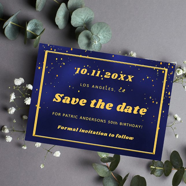Save The Date Jour d'anniversaire bleu marine confetti or (Créateur téléchargé)