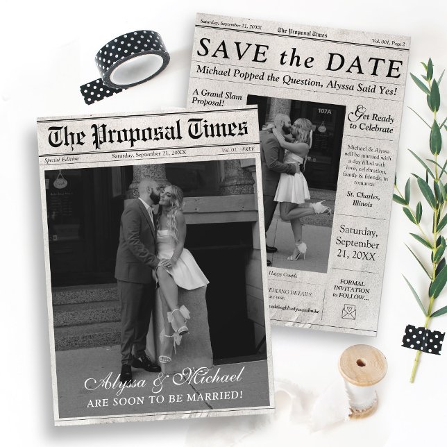 Save The Date Journal Moderne Photo La Proposition Times Tendanc (Trendy The Proposal Times Newspaper Style double sided black and white photo wedding save the date)