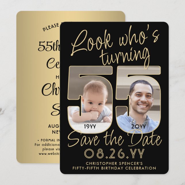 Save The Date Joyeux Anniversaire 55 Ans Fête avec 2 Photos (Devant / Derrière)