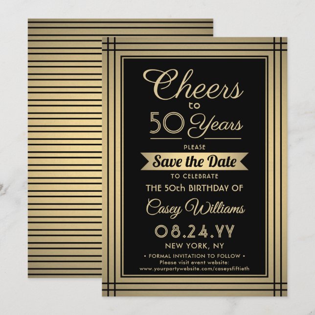 Save The Date Joyeux Anniversaire Élégant Classique Noir et Or (Devant / Derrière)