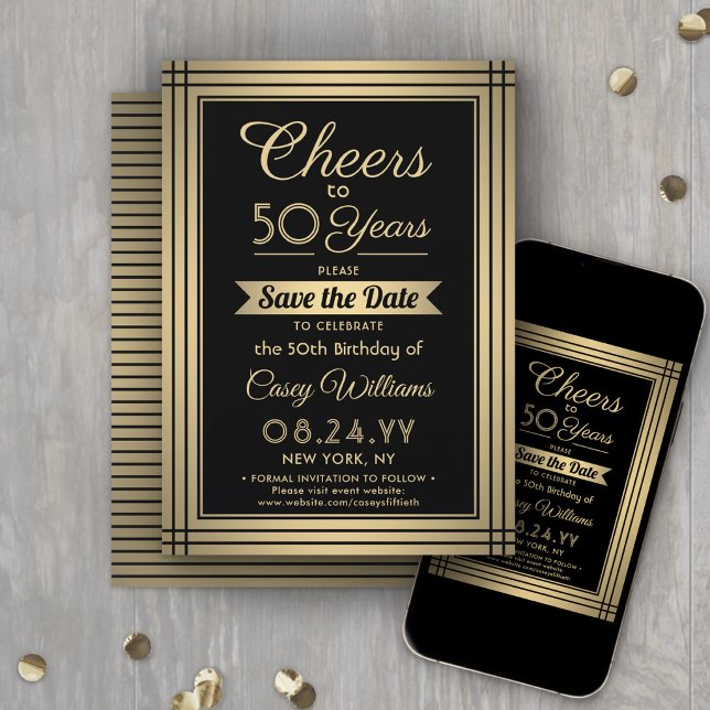 Save The Date Joyeux Anniversaire Élégant Classique Noir et Or (Créateur téléchargé)