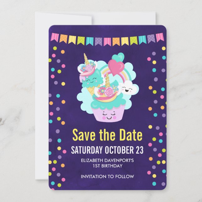 Save The Date Joyeux Cupcake et crème glacée fête d'anniversaire (Devant)