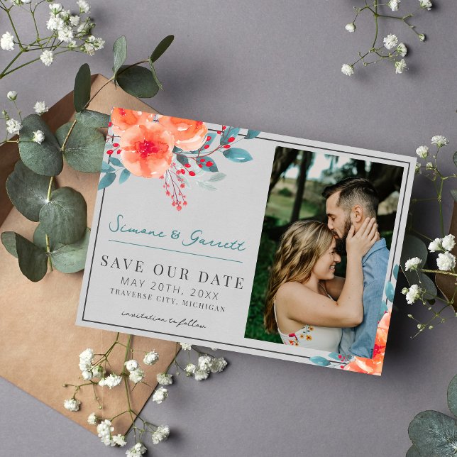 Save The Date Joyeux Floral Orange et Turquoise Bright (Créateur téléchargé)