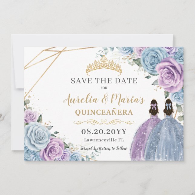Save The Date Jumeaux floraux violets et bleus Quinceanera Sweet (Devant)
