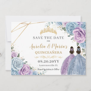 Save The Date Jumeaux floraux violets et bleus Quinceanera Sweet