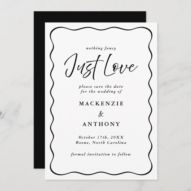 Save The Date Just Love Wavy Frame manuscrit noir & blanc (Devant / Derrière)