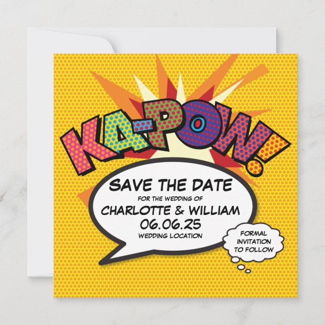 Save The Date KA-POW Enregistrez la date Fun Retro Bande dessiné (Devant)