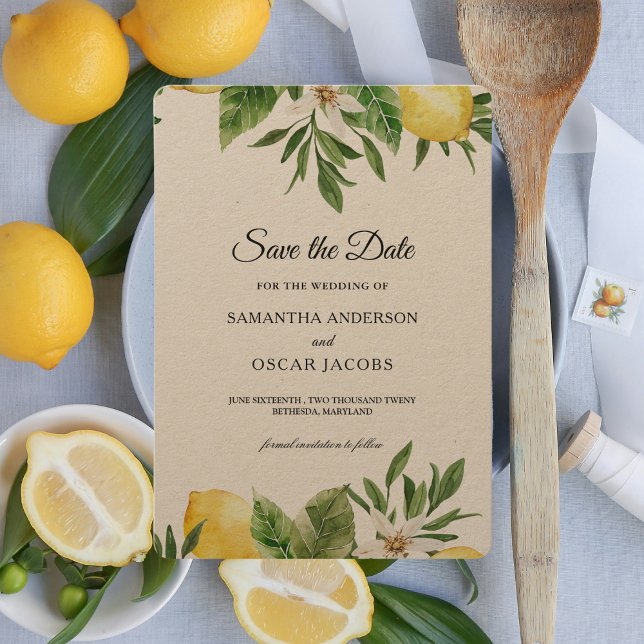 Save The Date Kraft Aquarelle Citrons Jaunes & Feuille   (Créateur téléchargé)