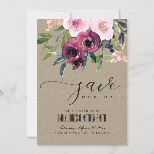 SAVE THE DATE KRAFT BLUSH BURGUNDY FLORAL BUNCH MARIAGE (Devant)