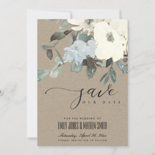 SAVE THE DATE KRAFT IVOIRE BLANC AQUA FLORALE BUNCH D'EAU