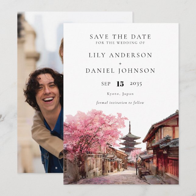 Save The Date Kyoto Japan Watercolor Photo Wedding (Devant / Derrière)