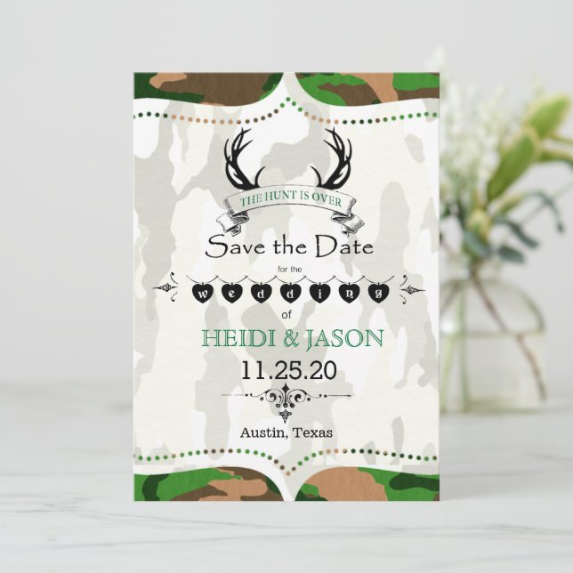 Save The Date "La chasse est finie" Photo Camo rustique Enregist (Debout devant)