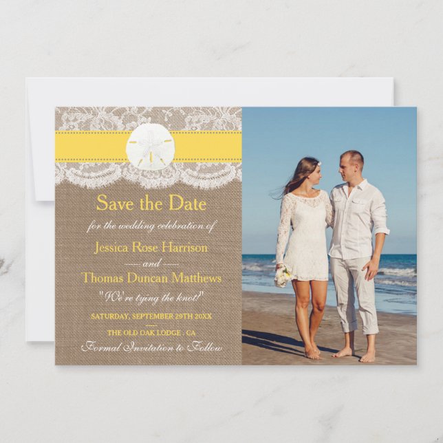 Save The Date La collection de mariages de plage de sable jaune  (Devant)