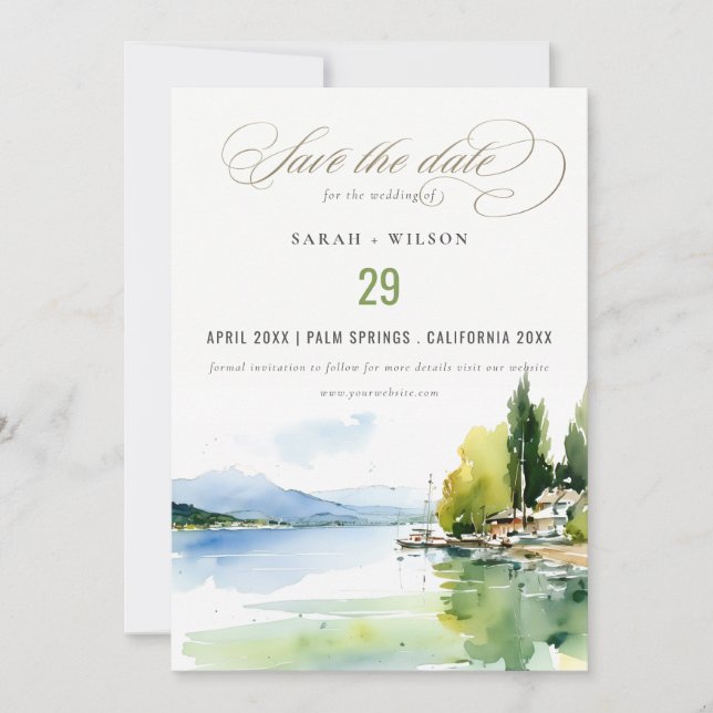Save The Date Lac de Genève Suisse Paysage Aquarelle Mariage (Devant)