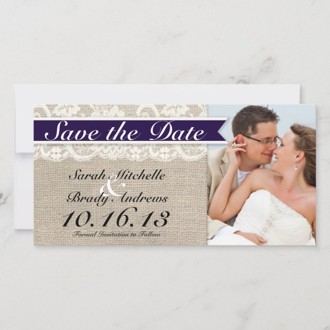 Save The Date Lace & Burlap Vintage Enregistrer la date - Marine (Devant)