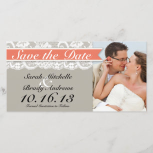 Save The Date Lace Ribbon Gris et Corail Enregistrer la date