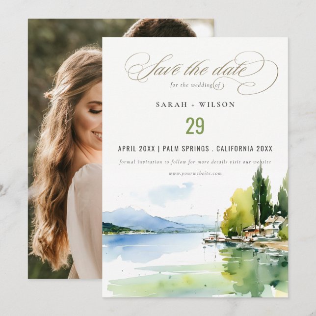 Save The Date Lake Geneva Switzerland Landscape Wedding Photo (Devant / Derrière)