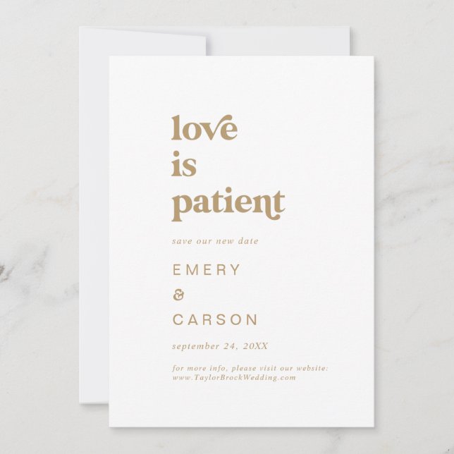Save The Date L'amour de la typographie dorée moderne est patien (Devant)
