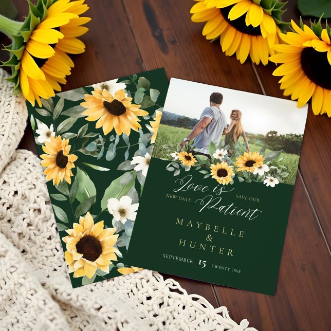 Save The Date L'amour est Patient Jaune Aquarelle Tournesols Pho (Love is Patient Yellow Watercolor Sunflowers Photo Save The Date)