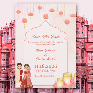 Save The Date Lampions Élégants Rose Pêche Lotus Mariage