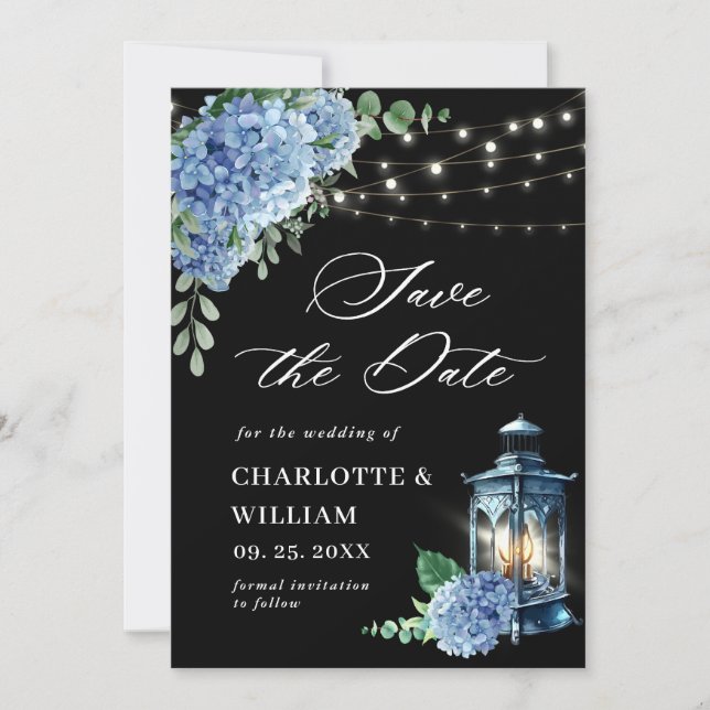 Save The Date Lanterne Hydrangea Bleue Mariage Noir Navy (Devant)